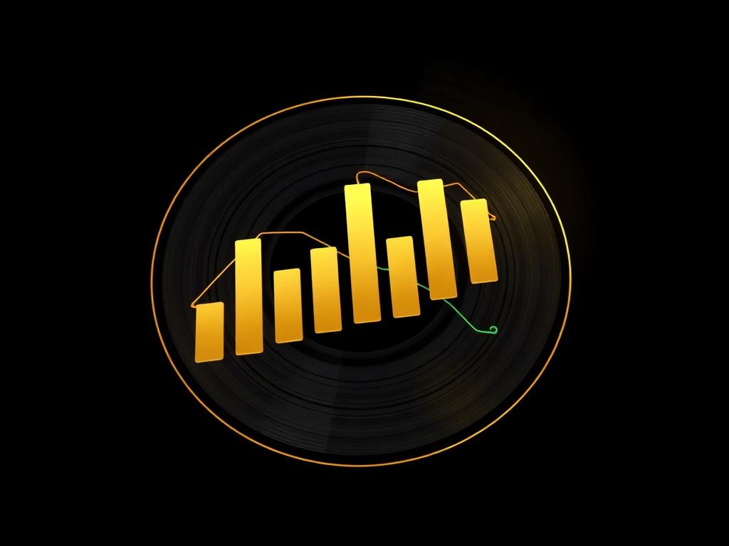 Gold bar chart rising across a vinyl record, representing reinvested revenue